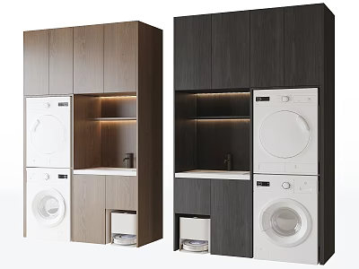 Modern Stackable Washing Machine Cabinet Design With Wood Finish And Storage 3d model