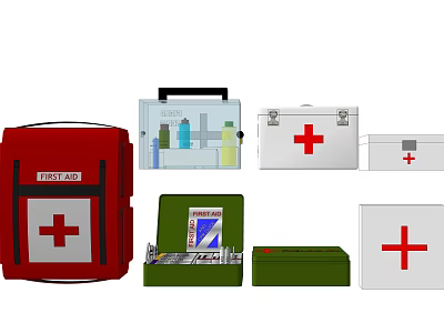 Assorted First Aid Kits with Backpack Carry Case Metal Box and Medical Supplies 3d model