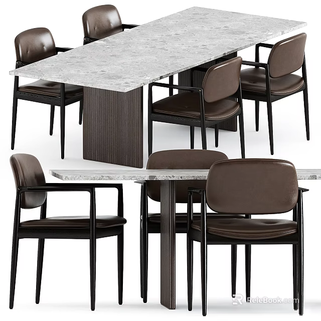 Modern Dining Table Set With Marble Tabletop And Brown Leather Chairs 3d model