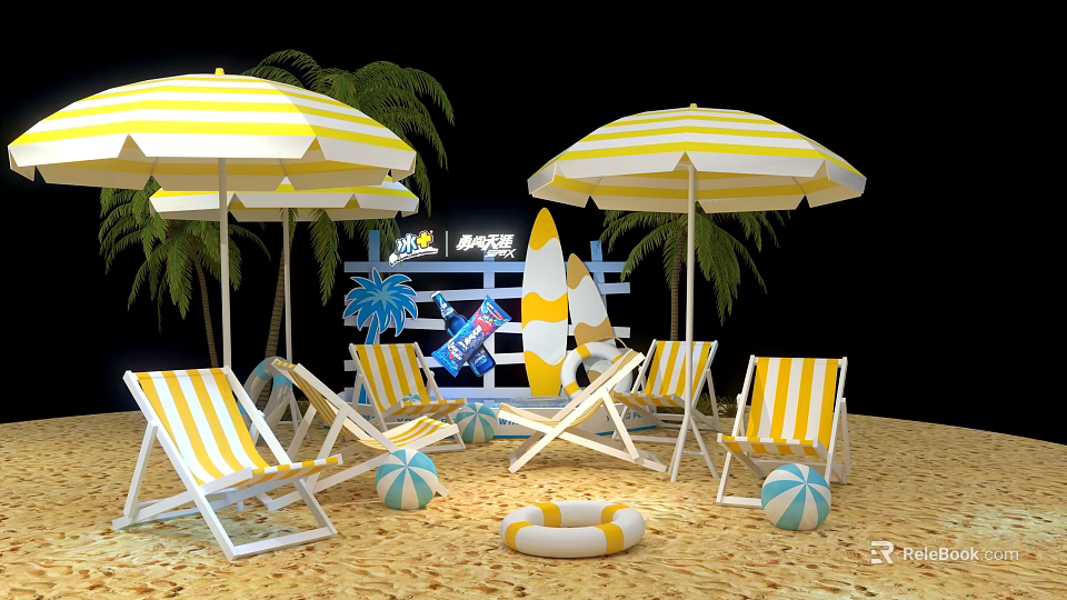 Beach Interactive Area Featuring Striped Umbrellas Deck Chairs Palm Trees And Play Sign 3d model 