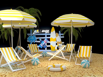 Beach Interactive Area Featuring Striped Umbrellas Deck Chairs Palm Trees And Play Sign 3d model