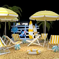 Beach Interactive Area Featuring Striped Umbrellas Deck Chairs Palm Trees And Play Sign 3d model