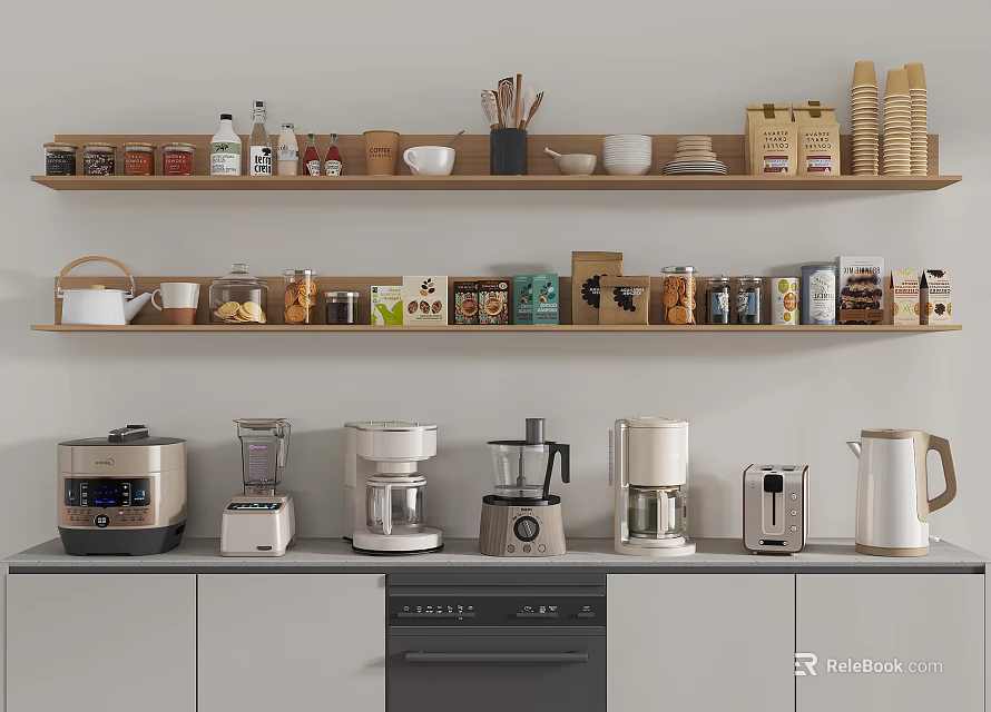Stylish Kitchen Setup With Wooden Shelves Countertop And Essential Appliances 3d model 