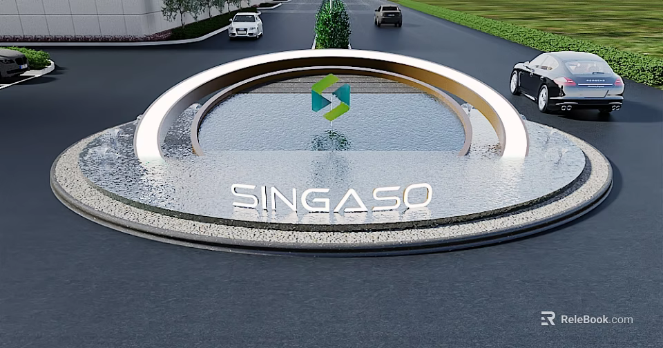 Garden Ornament Featuring Circular Water Feature With Logo SINGASO Lettering Surrounded By Road And Greenery 3d model 