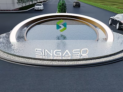 Garden Ornament Featuring Circular Water Feature With Logo SINGASO Lettering Surrounded By Road And Greenery 3d model