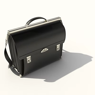 Black Leather Briefcase With Top Handle Metal Clasps And Shoulder Strap 3d model