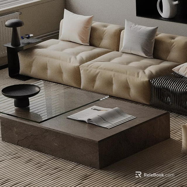 Modern Tufted Beige Sofa And Coffee Table Set With Glass Top And Decorative Pillows 3d model 