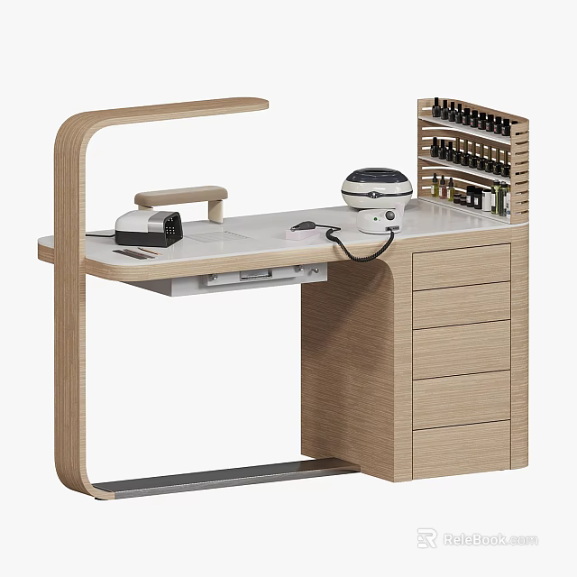 Modern Wooden Workstation with White Countertop Round Appliance Keyboard Mouse and Wine Rack 3d model 