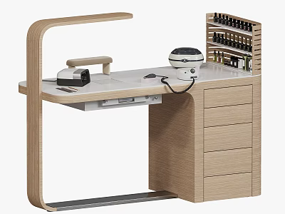 Modern Wooden Workstation with White Countertop Round Appliance Keyboard Mouse and Wine Rack 3d model
