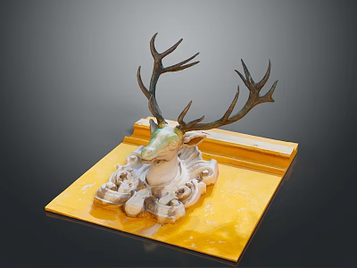 Decorative Deer Head Sculpture With Antlers On Yellow Base And Green White Details 3d model