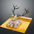 Decorative Deer Head Sculpture With Antlers On Yellow Base And Green White Details