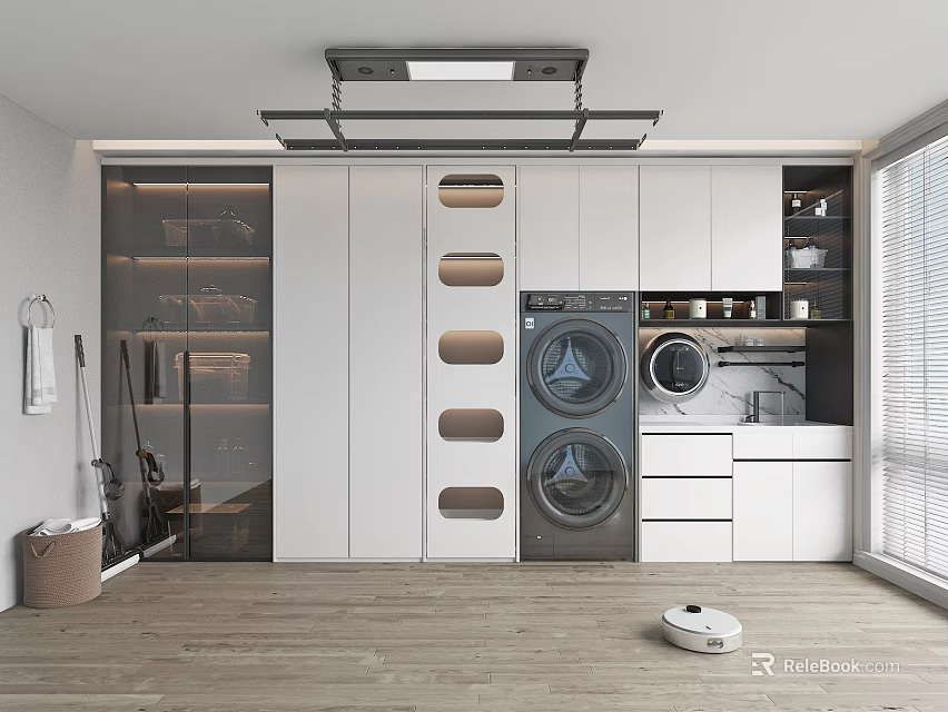 Home Balcony Interior With Double Washing Machines Storage Cabinets Wooden Flooring And Robot Vacuum 3d model 