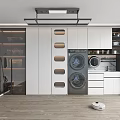 Home Balcony Interior With Double Washing Machines Storage Cabinets Wooden Flooring And Robot Vacuum