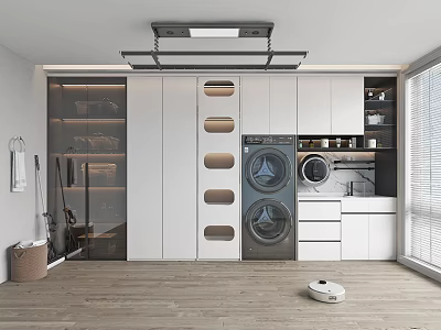 Home Balcony Interior With Double Washing Machines Storage Cabinets Wooden Flooring And Robot Vacuum 3d model