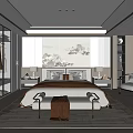 Chinese Style Bedroom Interior Design With Mountain Painting Backdrop Large Bed And Bedside Tables
