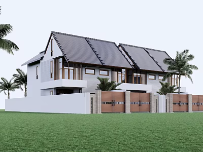 Modern Townhouse Exterior Featuring Gabled Roof Double Garage Doors Green Lawn And Palm Trees 3d model