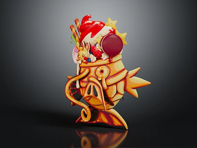 Colorful Decorative Fish Character With Dessert Toppings Including Strawberries Cream Stars And Candy Sticks 3d model