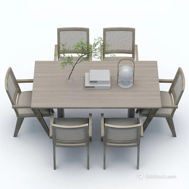 Wooden Dining Table Set With Six Wicker Back Chairs And Small Plant Books White Lantern 3d model 