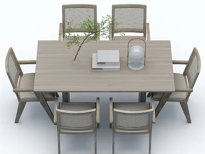 Wooden Dining Table Set With Six Wicker Back Chairs And Small Plant Books White Lantern 3d model