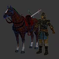 Armored Character in Blue Attire Standing Beside Brown Horse with Red Saddle Pad and Sword