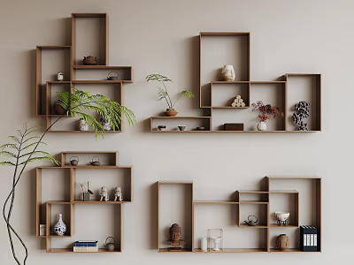 Modern Wooden Wall Shelves For Home Interior With Decorative Plants And Ornaments 3d model