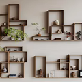 Modern Wooden Wall Shelves For Home Interior With Decorative Plants And Ornaments