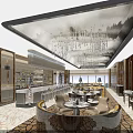 Luxury Restaurant Interior With Hanging Long Chandeliers Bar Counter And Round Tables