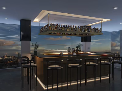 Modern Restaurant Bar Counter With Hanging Wine Rack Sunset Sky City View And Bar Stools 3d model