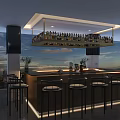 Modern Restaurant Bar Counter With Hanging Wine Rack Sunset Sky City View And Bar Stools
