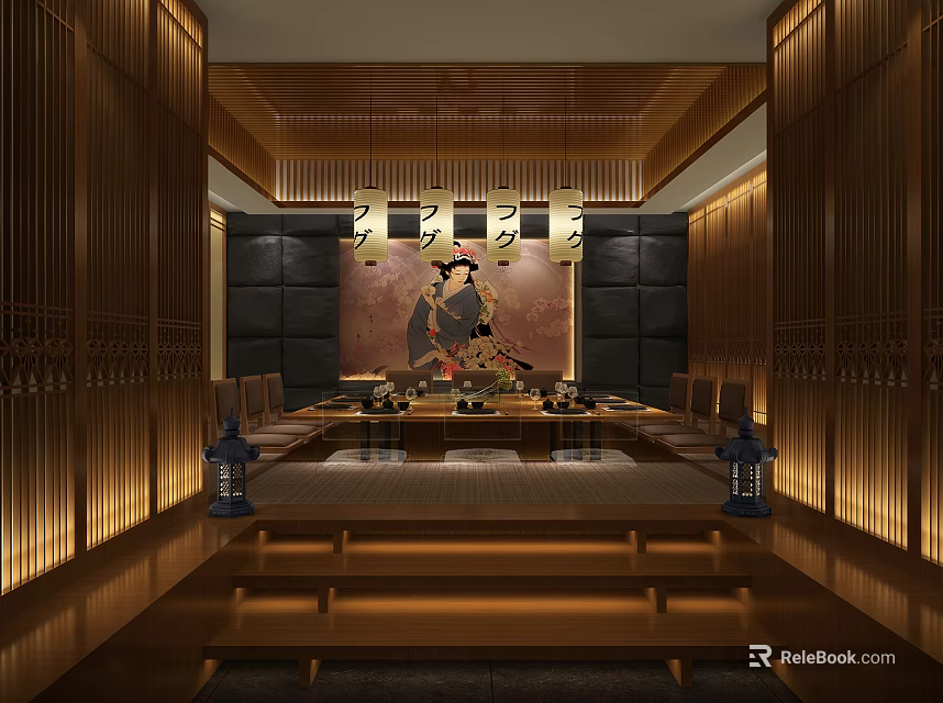 Traditional Japanese Private Room With Wooden Decor Tatami Mat Traditional Painting And Warm Lighting 3d model 