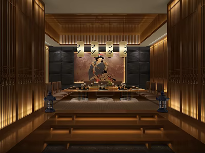 Traditional Japanese Private Room With Wooden Decor Tatami Mat Traditional Painting And Warm Lighting 3d model
