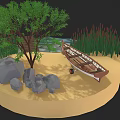 Scenic Natural Landscape With Wooden Bridge Small Boat Tree Reeds Rocks And Water