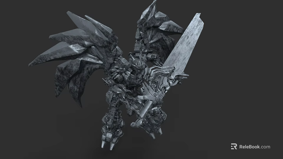 Mechanical Creature Character With Giant Sword And Metallic Wings In Sci-Fi Fantasy Design 3d model 