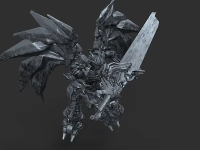 Mechanical Creature Character With Giant Sword And Metallic Wings In Sci-Fi Fantasy Design 3d model