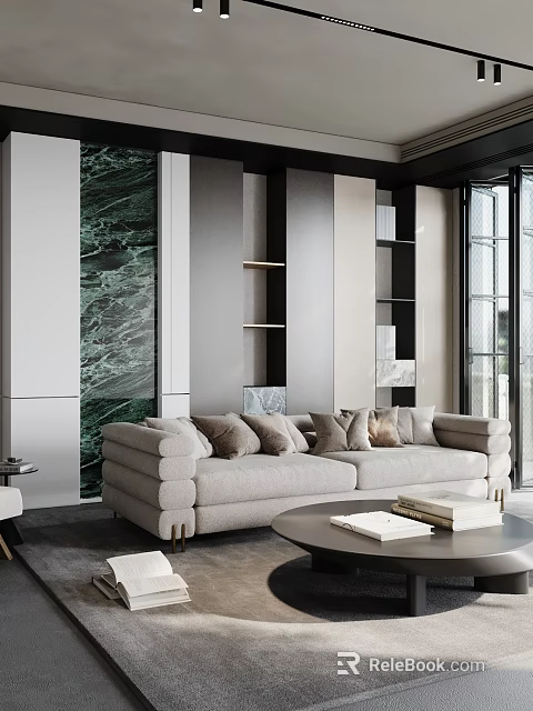 Modern Living Room Interior With Beige Sofa Dark Shelves And Green Marble Accent Wall 3d model 