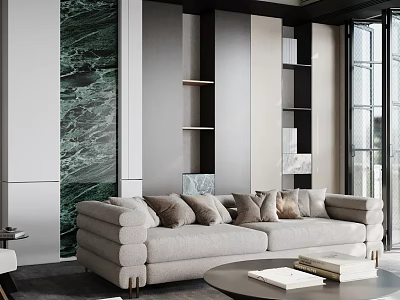 Modern Living Room Interior With Beige Sofa Dark Shelves And Green Marble Accent Wall 3d model