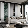 Modern Living Room Interior With Beige Sofa Dark Shelves And Green Marble Accent Wall