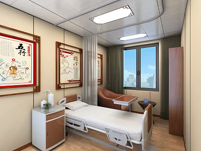 Traditional Chinese Medicine Ward Interior With Hospital Bed Decorative Paintings And Window View 3d model