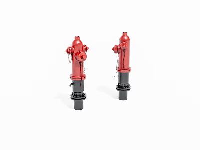 Two Red Fire Hydrants With Black Bases And Valve Connections For Fire Safety 3d model