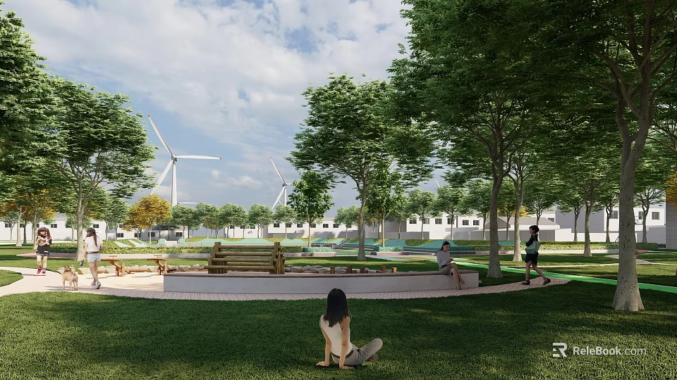 Scenic Park Landscape With Wind Turbines Trees Green Grass Benches And People 3d model 