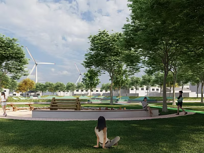 Scenic Park Landscape With Wind Turbines Trees Green Grass Benches And People 3d model
