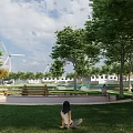 Scenic Park Landscape With Wind Turbines Trees Green Grass Benches And People