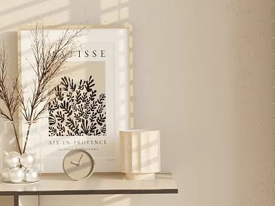 Decorative Ornament Set Including Framed Art Dried Branches Glass Vase Clock Candle Holder On Shelf 3d model