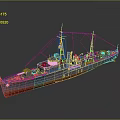 Vintage Warship Model With Gray Upper Hull Orange Bottom Mast And Chimney