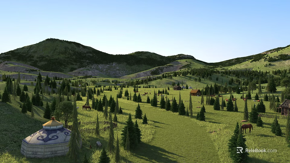 Stunning Natural Mountain Grassland Landscape With Pine Trees Yurts And Grazing Horses Under Clear Blue Sky 3d model 