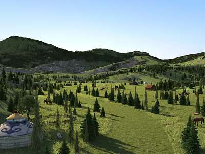 Stunning Natural Mountain Grassland Landscape With Pine Trees Yurts And Grazing Horses Under Clear Blue Sky 3d model