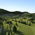 Stunning Natural Mountain Grassland Landscape With Pine Trees Yurts And Grazing Horses Under Clear Blue Sky