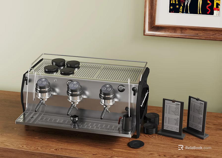 Stainless Steel Espresso Machine on Wooden Table with Menu Holders and Framed Art 3d model 