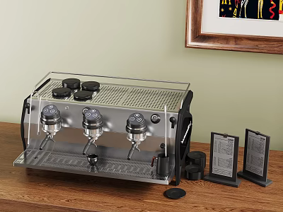 Stainless Steel Espresso Machine on Wooden Table with Menu Holders and Framed Art 3d model