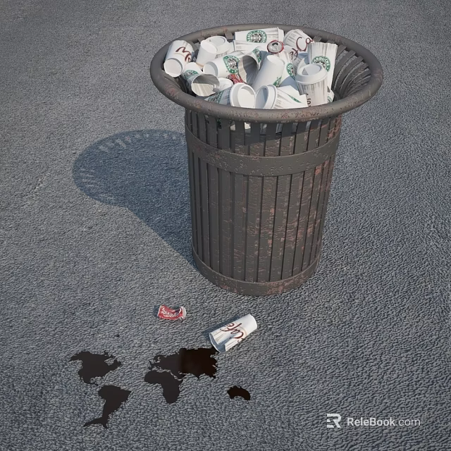 Public Trash Can Filled With Paper Cups Scattered Trash And Stains On Ground 3d model 